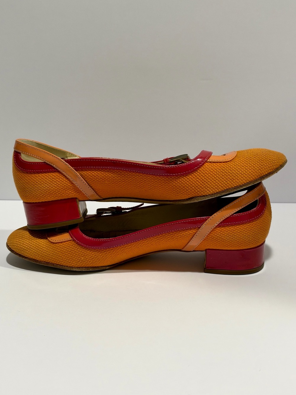 Prada Orange Pink Mary Jane Pumps Colorblock Low Block Heels EU 37 Mod - Picture 4 of 11